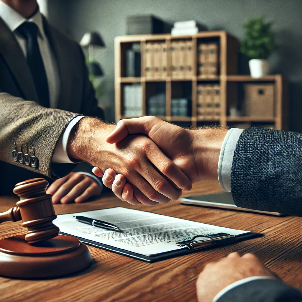 A man shaking hands with another person in front of a judge.