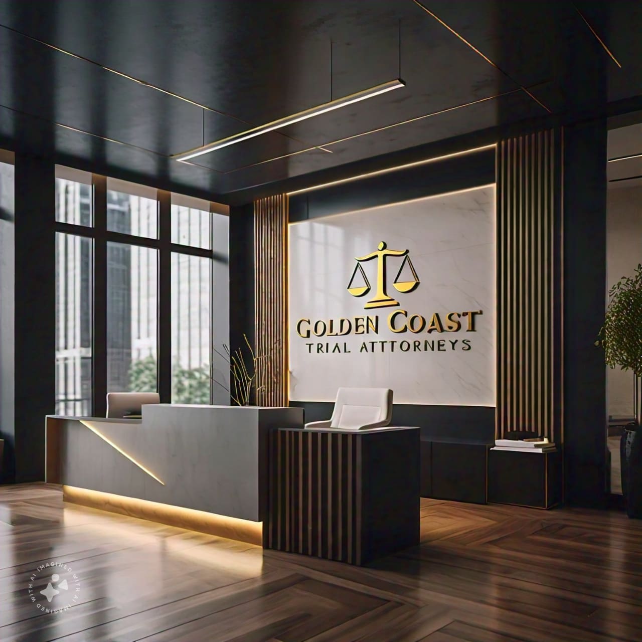 A lobby with a desk and a sign on the wall. A lobby with a desk and a sign on the wall.