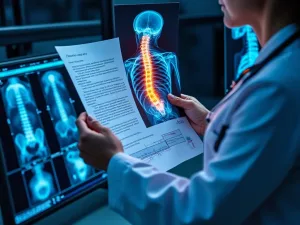 A doctor looking at an x-ray of the spine.