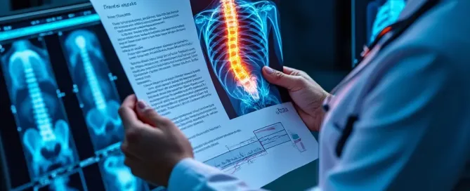 A doctor looking at an x-ray of the spine.