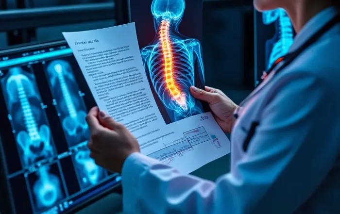 Home 3 A doctor looking at an x-ray of the spine.