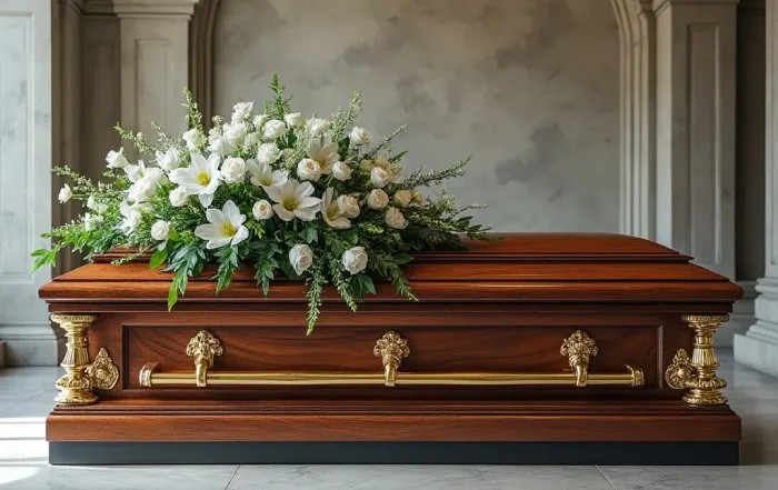 Home 3 A wooden casket with flowers on top of it.