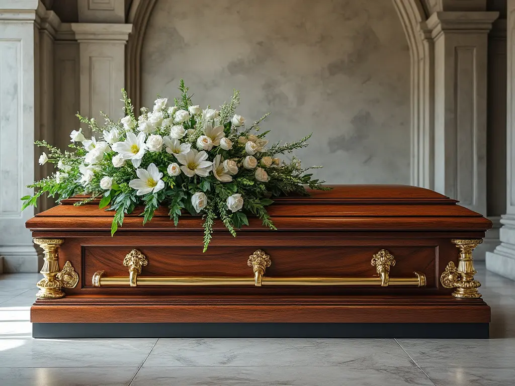 A wooden casket with flowers on top of it. A wooden casket with flowers on top of it.