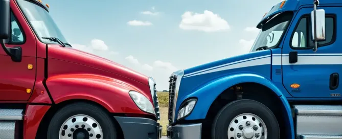 Two trucks are parked side by side on the road.