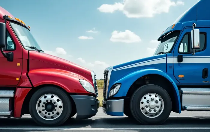 Home 2 Two trucks are parked side by side on the road.