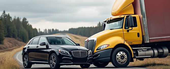 A black car and yellow truck are on the road.