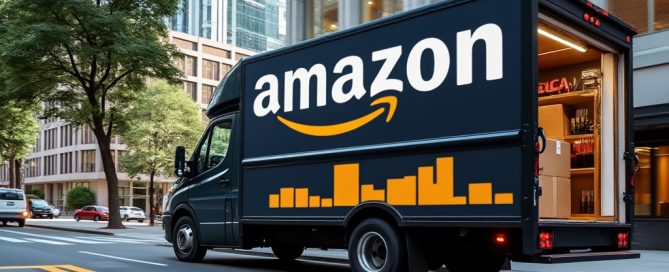 A delivery truck driving down the street in front of a building.