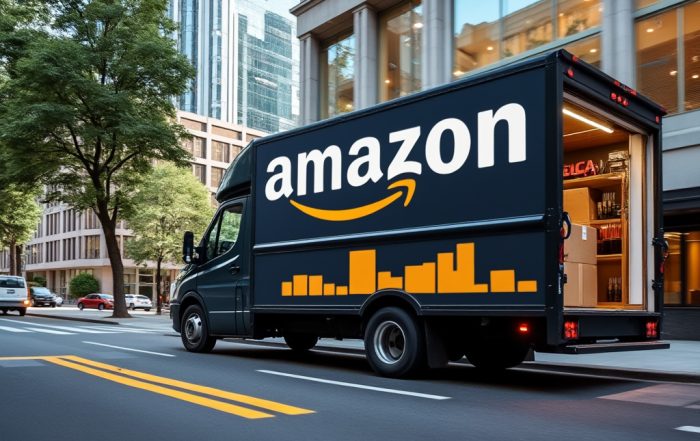 Home 6 A delivery truck driving down the street in front of a building.