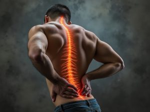 A man with his back turned and the spine highlighted in red. A man with his back turned and the spine highlighted in red.