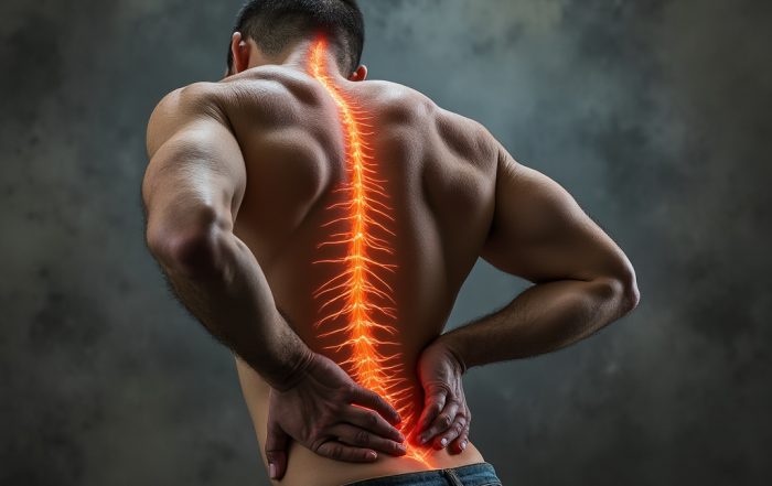 Home 1 A man with his back turned and the spine highlighted in red.