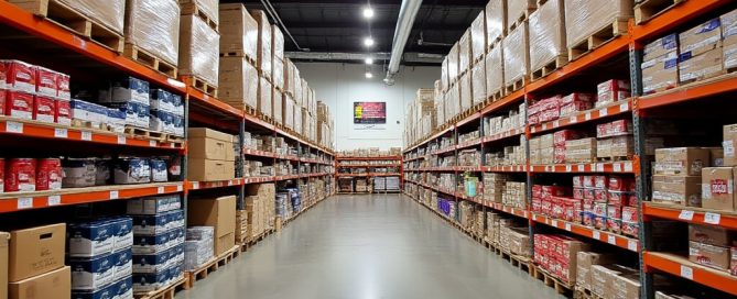 A warehouse filled with boxes and shelves of goods.