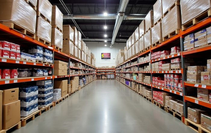 Home 2 A warehouse filled with boxes and shelves of goods.