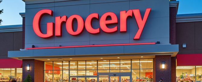 A grocery store with cars parked in front of it.