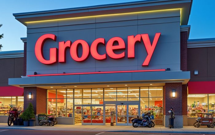 Home 3 A grocery store with cars parked in front of it.