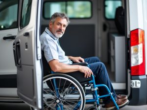 A man in a wheelchair sitting next to the back of a van.
