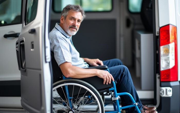 Home 6 A man in a wheelchair sitting next to the back of a van.
