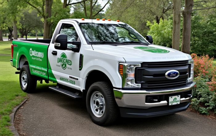 Home 4 A white truck with green lettering on the side.