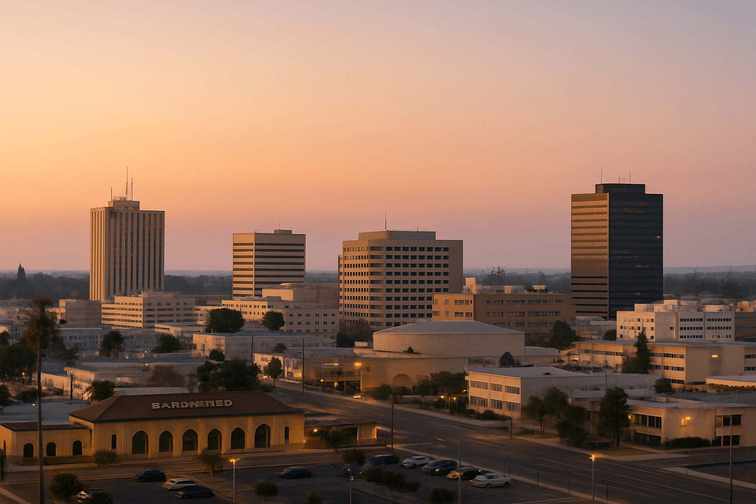 Personal Injury Trial Attorney Locations 3 City skyline at sunset with tall buildings.