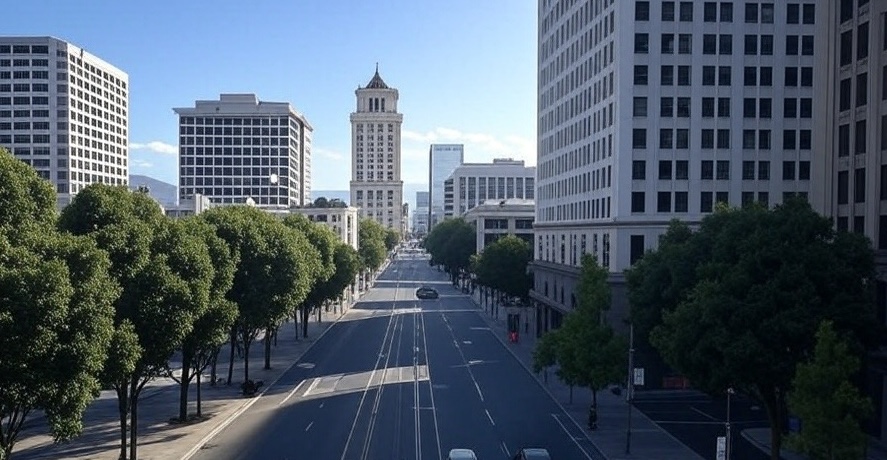 Personal Injury Trial Attorney Locations 40 City street with tall buildings and trees.