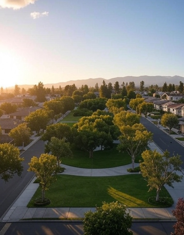 Personal Injury Trial Attorney Locations 42 Suburban neighborhood at sunset with trees.