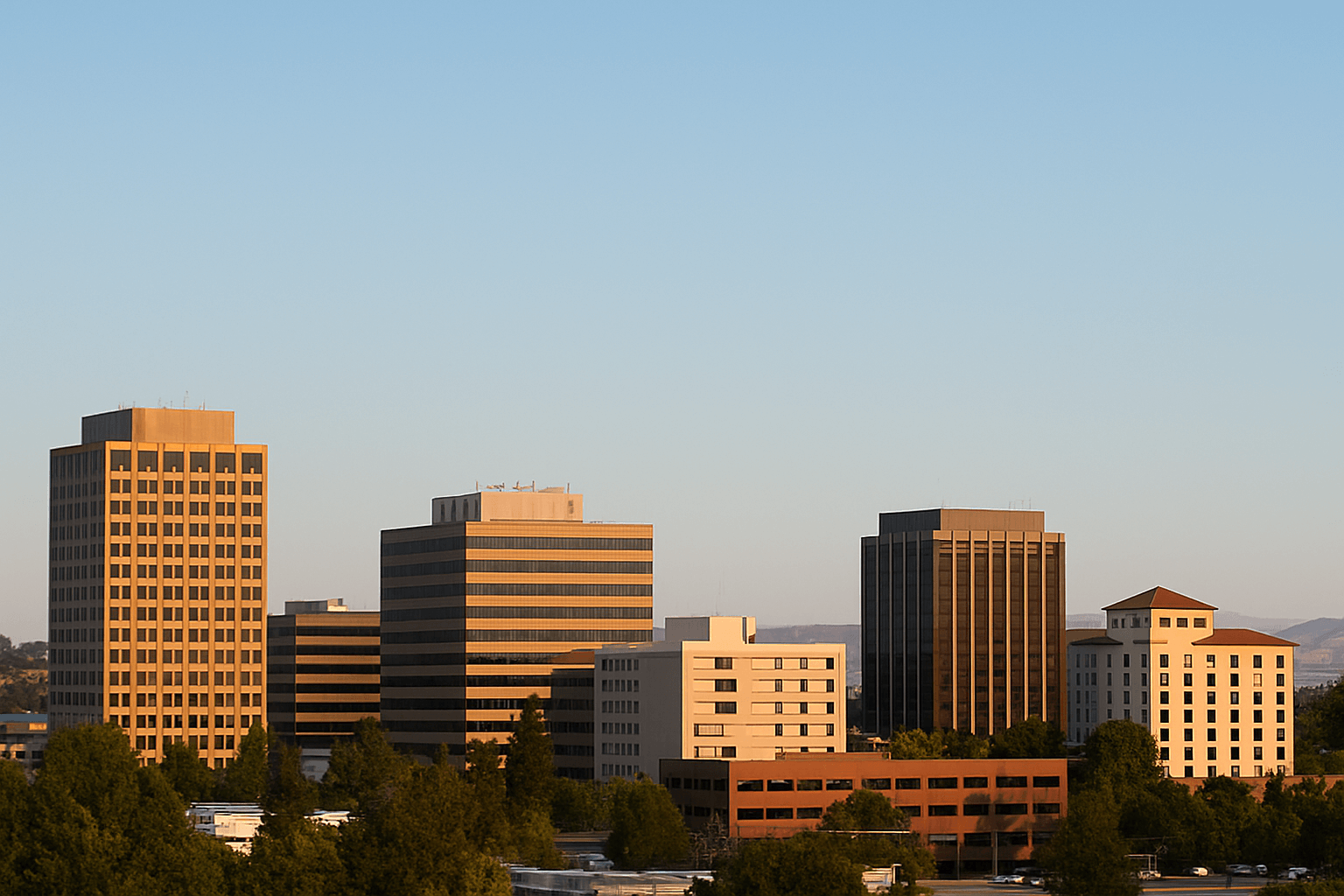 Personal Injury Trial Attorney Locations 6 City skyline with modern office buildings.