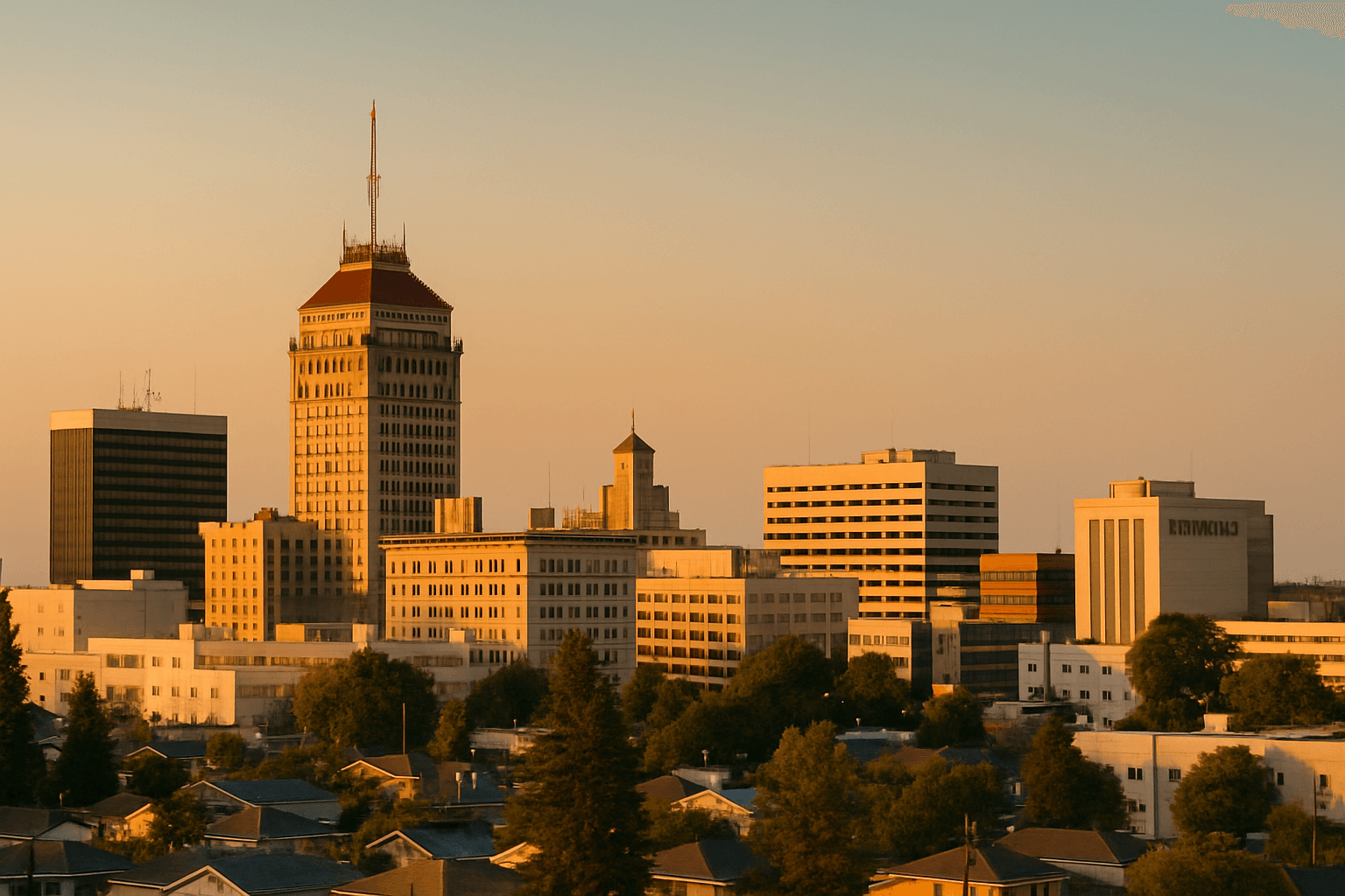 Personal Injury Trial Attorney Locations 11 Fresno city skyline at sunset.