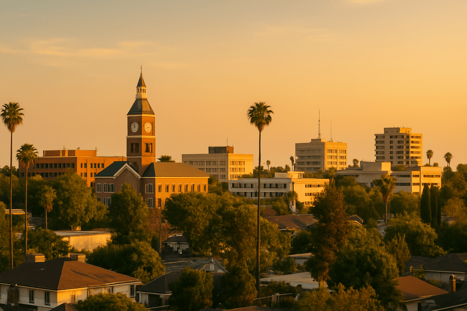 Personal Injury Trial Attorney Locations 12 Cityscape with clock tower, trees, and buildings.