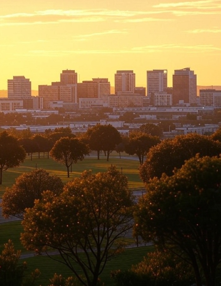 Personal Injury Trial Attorney Locations 17 City skyline at sunset with trees.