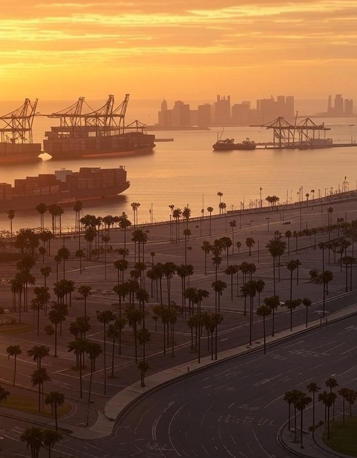 Personal Injury Trial Attorney Locations 20 Sunset over harbor with cargo ships.