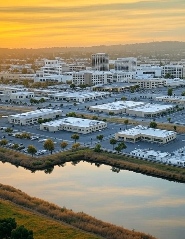 Personal Injury Trial Attorney Locations 22 Cityscape with buildings and sunset reflection.