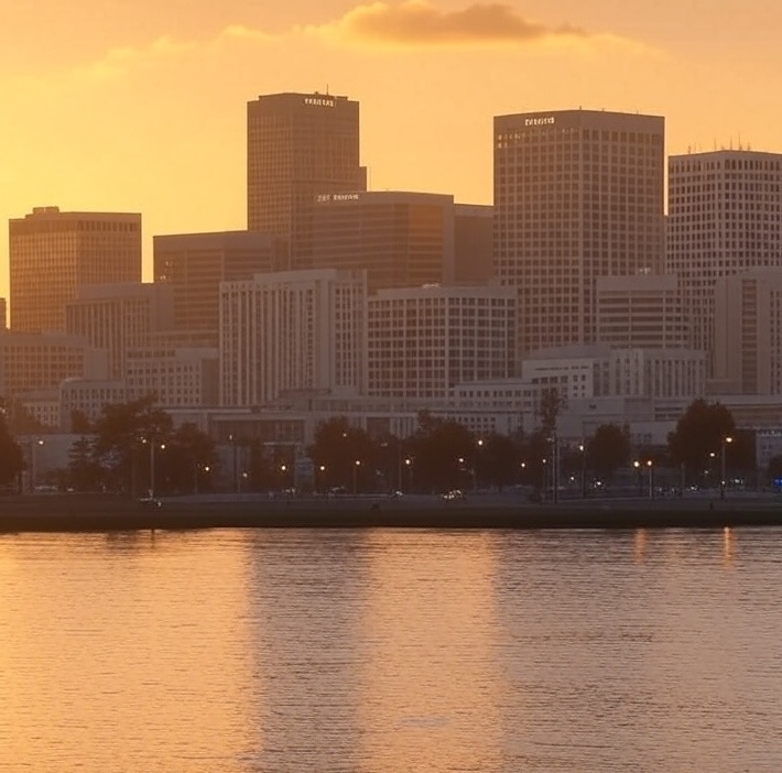 Personal Injury Trial Attorney Locations 24 City skyline at sunset with water reflection.