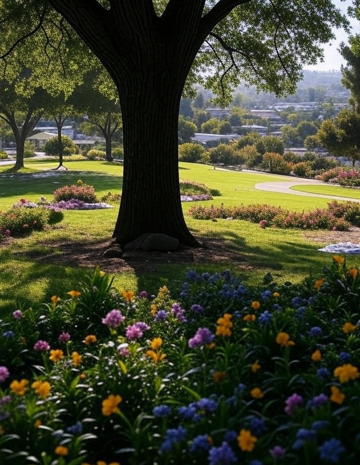 Personal Injury Trial Attorney Locations 34 Tree in park with colorful flower bed.