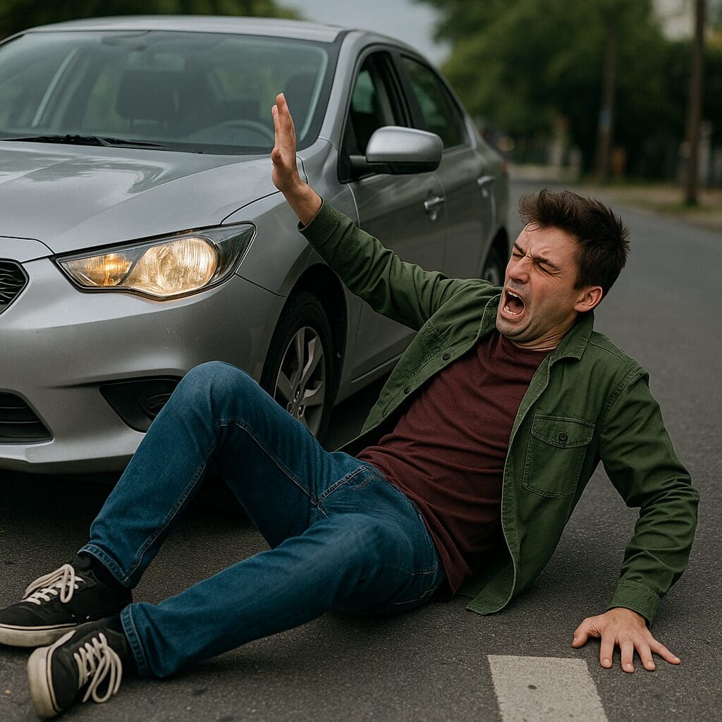 Man on road in front of car. Man on road in front of car.