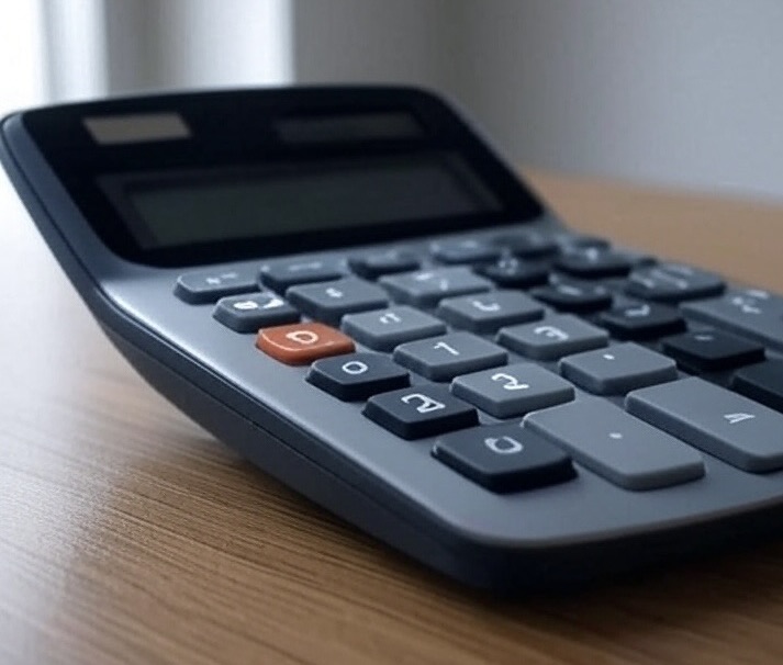 Calculator on a wooden desk surface. Calculator on a wooden desk surface.