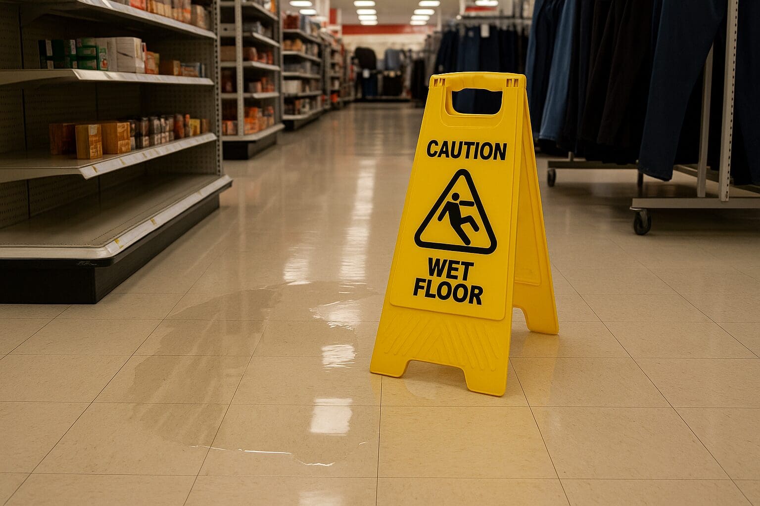Wet floor sign in store aisle. Wet floor sign in store aisle.