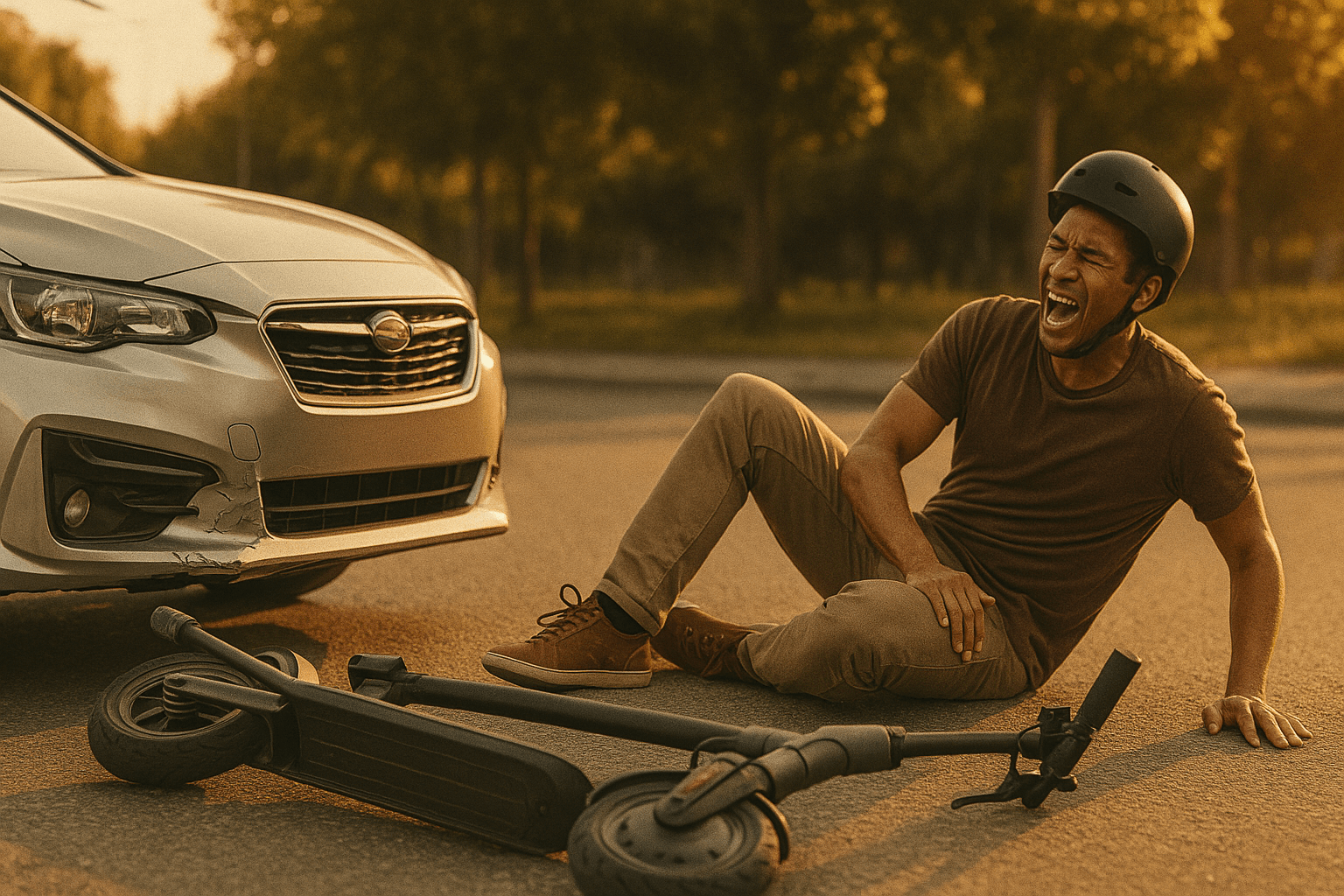 Man fallen from scooter near car accident. Man fallen from scooter near car accident.