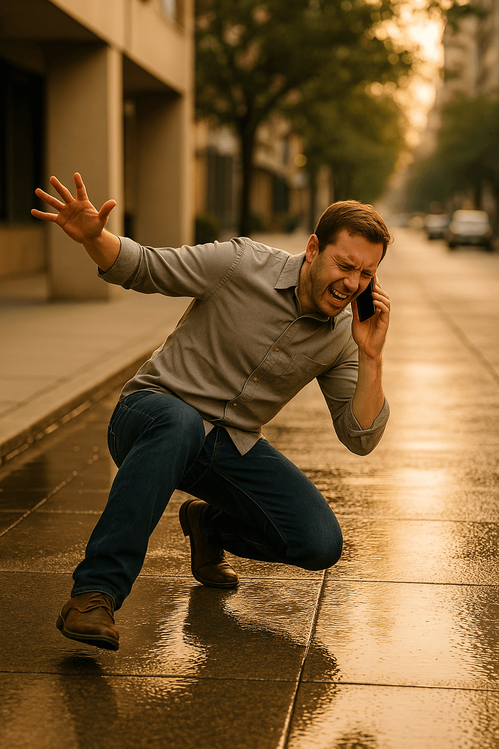 Man kneeling, talking urgently on phone. Man kneeling, talking urgently on phone.