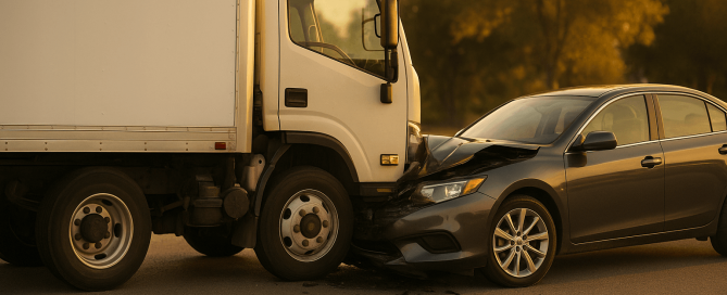 Truck and car collision on road.