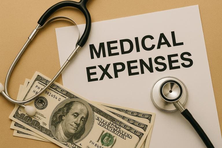 Stethoscope, money, and medical expenses document. Stethoscope, money, and medical expenses document.