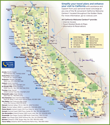 Map of California Welcome Centers locations. Map of California Welcome Centers locations.