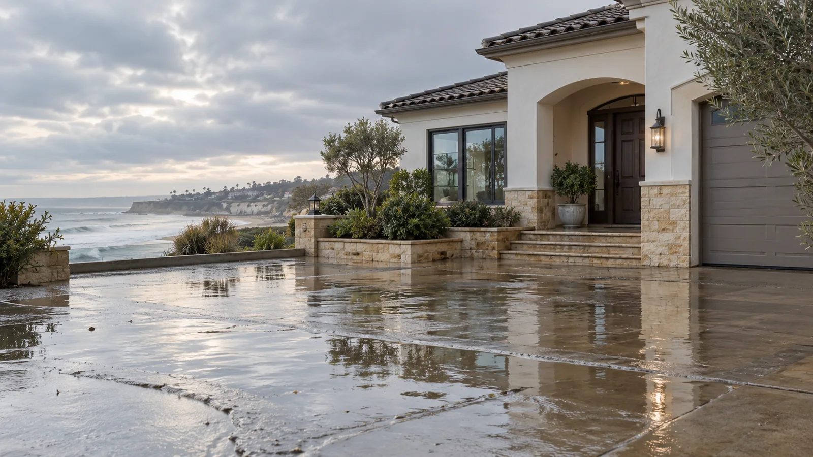 Representative coastal California home with pooled water near the entrance after flooding