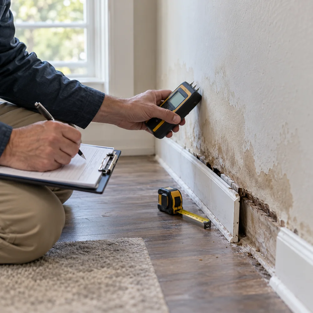 Property inspector documenting water damage along an interior wall and baseboard