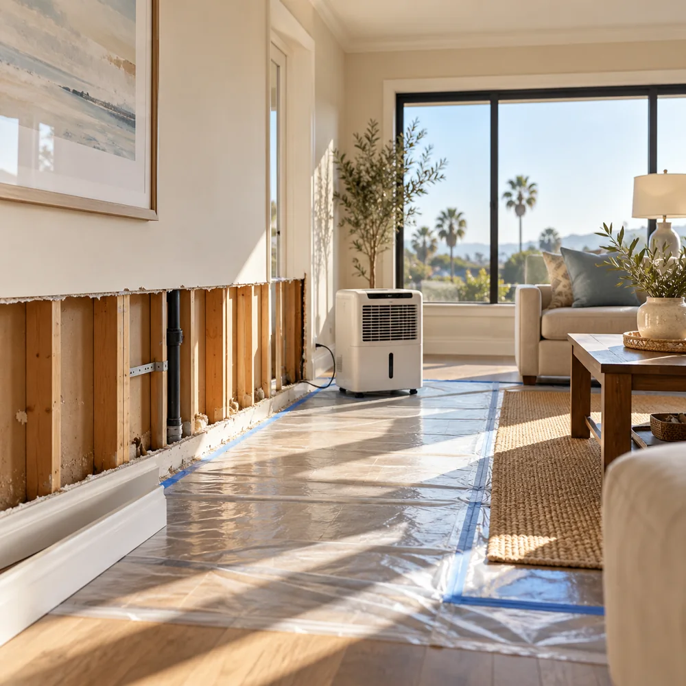 Home interior with lower drywall removed during water damage restoration